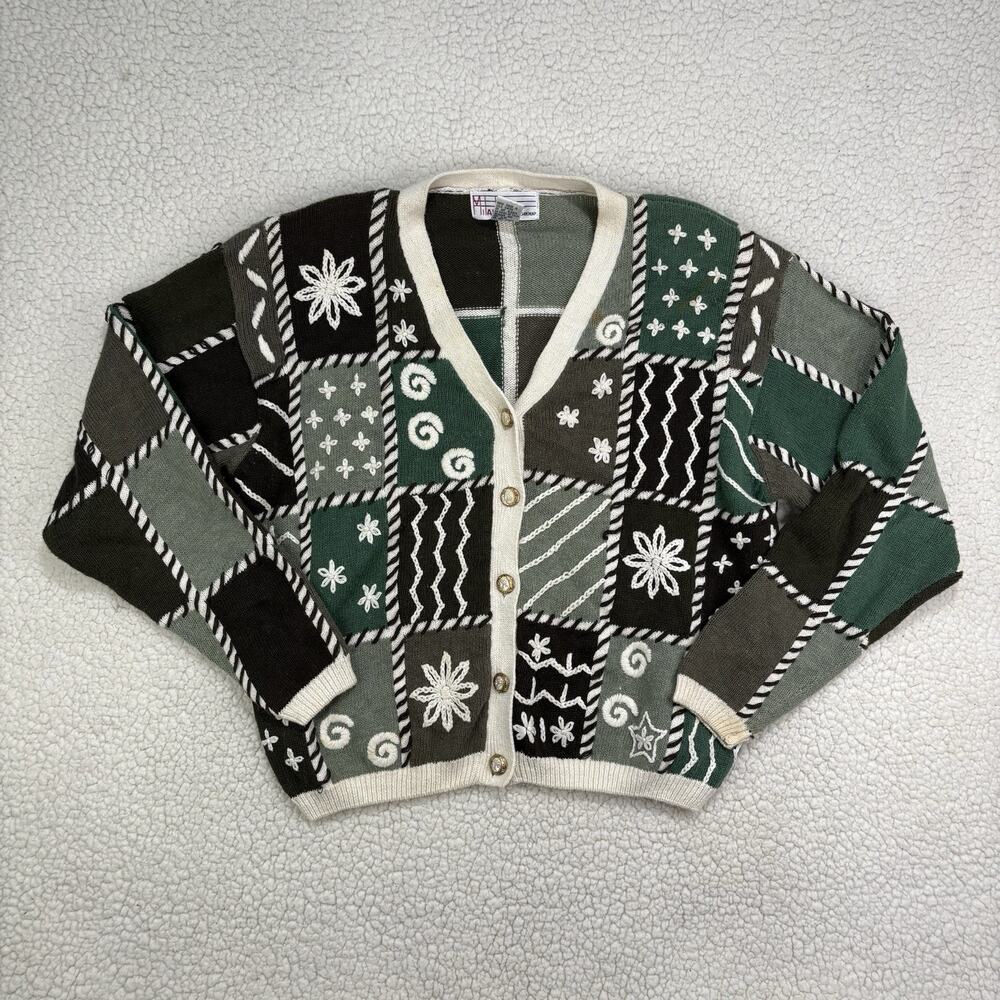 Vtg Knit Cardigan Sweater Sz M Green Check Cottage Grandma 90s Mixed Print